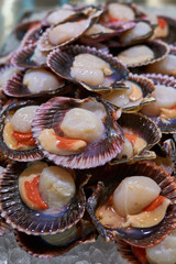 Fresh seafood (shrimps, prawns, octopus, mussels and oysters) on counter trade on ice in an asian restaurant waiting to be fried by chef