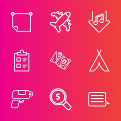 Premium set with outline vector icons. Such as search, tick, sticky, aviation, web, travel, sign, camp, game, list, transport, pin, checklist, plane, outdoor, paper, office, download, blank, post, gun