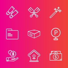 Premium set with outline vector icons. Such as vehicle, vision, sport, magician, discovery, bird, lot, dollar, investment, file, blank, urban, spy, water, wizard, business, house, canoe, glasses, cash