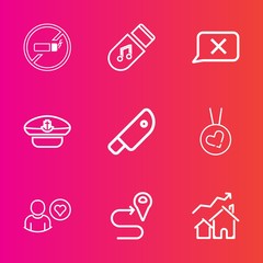 Premium set with outline vector icons. Such as love, online, anchor, data, food, sign, road, habit, route, increase, stop, property, necklace, no, navigation, captain, warning, music, business, web