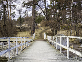 Fototapeta premium wooden bridge leading to the park in the early spring
