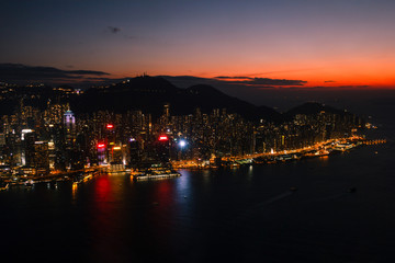 Aerial view on Hong Kong island at sunset