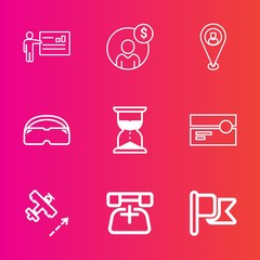 Premium set with outline vector icons. Such as map, seminar, cassette, business, investment, hour, music, time, audio, female, plane, travel, meeting, stereo, aircraft, businessman, telephone, money