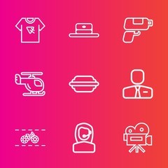 Premium set with outline vector icons. Such as pistol, video, poster, employer, t-shirt, game, cap, style, office, bike, gun, burger, center, transport, job, helicopter, fashion, sky, white, element