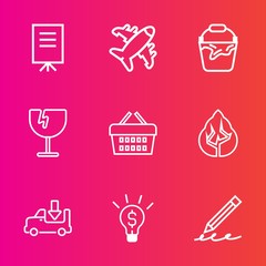Premium set with outline vector icons. Such as nature, idea, shipping, plane, business, shattered, bucket, crash, concept, store, flight, clean, education, truck, write, container, sale, group, air