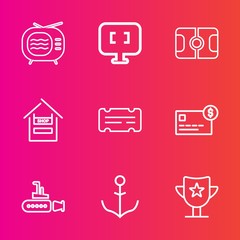 Premium set with outline vector icons. Such as ship, television, pitch, bank, ticket, electronic, sport, helm, laptop, food, coupon, tuner, win, ocean, pc, screen, undersea, store, stadium, sea, prize