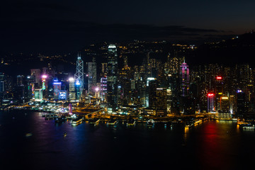 Aerial view on illuminated Hong Kong island at night