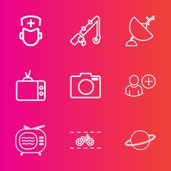 Premium set with outline vector icons. Such as dish, fish, hospital, satellite, tv, health, signal, doctor, wheel, white, astronomy, surgeon, reel, tackle, wireless, medical, medicine, lens, hook, add