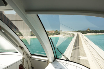 Palm Jumeirah monorail Dubai reaching at Atlantis the Palm, view from window of monorail train
