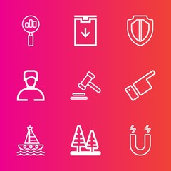 Premium set with outline vector icons. Such as man, magnifying, find, secure, nature, sign, website, law, field, male, pointing, landscape, yacht, security, button, environment, boy, protect, boat