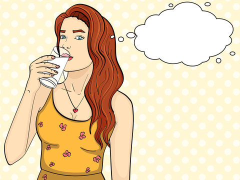 Healthy woman is drinking milk from a glass. Pop art background. Imitation comic style vector text bubble