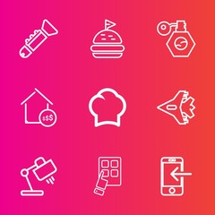 Fototapeta premium Premium set with outline vector icons. Such as home, airplane, cook, interior, house, meal, bread, internet, lettuce, device, orchestra, tomato, property, bottle, chef, mobile, food, chief, instrument