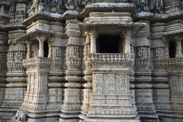 Ancient Architectural Ornament, Stone Carving Decorations Inside Ranakpur Jain Temple in Rajasthan, India