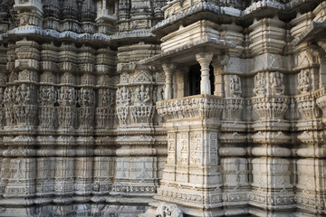 Ancient Architectural Ornament, Stone Carving Decorations Inside Ranakpur Jain Temple in Rajasthan,...