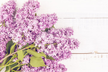 The branch of lilac blossoms on a light wooden background. The horizontal frame