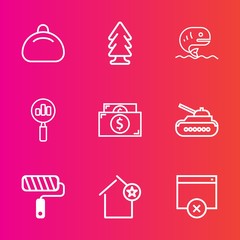 Premium set with outline vector icons. Such as tool, favorite, landscape, sea, fish, bag, magnifying, army, home, roll, food, environment, white, sign, object, seafood, paint, green, nature, style