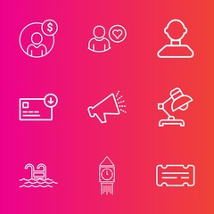 Premium set with outline vector icons. Such as technology, concept, london, entertainment, internet, loud, money, economy, banking, business, finance, summer, sound, big, application, website, home