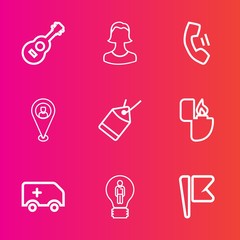 Premium set with outline vector icons. Such as lighter, social, tag, fire, america, label, flag, mobile, flame, head, guitar, travel, location, map, musical, home, cell, business, avatar, pin, white