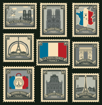 Vector set of postage stamps on the theme of travel in France with the French flag a variety of historical architectural sights landmarks