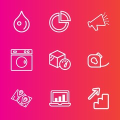 Premium set with outline vector icons. Such as tape, sound, weight, droplet, presentation, nature, blue, voice, diagram, friction, water, abstract, liquid, wet, machine, road, loud, location, laptop