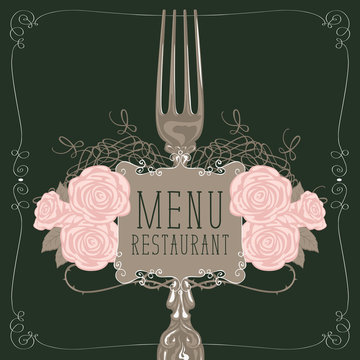 Vector template menu for restaurant with realistic fork and pink barbed roses in figured frame with curls in retro style on black background