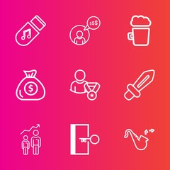 Premium set with outline vector icons. Such as office, person, jazz, online, freelance, data, laptop, escape, banking, trumpet, financial, sound, bar, finance, success, alcohol, money, freelancer, pub