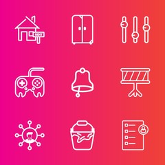 Premium set with outline vector icons. Such as screen, display, white, arrow, estate, web, interior, home, real, document, instrument, buy, decoration, house, rent, property, bucket, concept, business