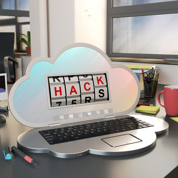 internet crime concept, computer shaped as a cloud being hacked in an office