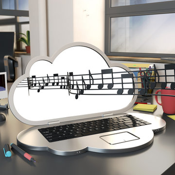 music streaming concept, music popping out from computer shaped as a cloud in an office