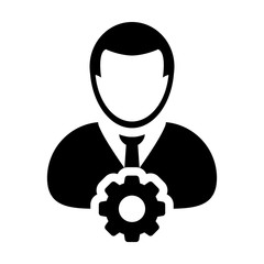 Gear icon vector male user person profile avatar symbol with cog wheel sign in flat color glyph pictogram illustration