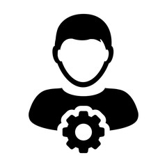 Gear icon vector male user person profile avatar symbol with cog wheel sign in flat color glyph pictogram illustration