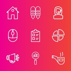 Premium set with outline vector icons. Such as pipe, customer, check, retro, estate, magnifying, optical, office, vintage, computer, device, tick, center, loud, people, modern, pie, find, new, real,