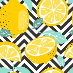 Seamless summer pattern with slices and whole lemons. Vector illustration.