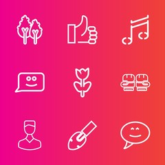 Premium set with outline vector icons. Such as note, finger, landscape, flower, graphic, bubble, smile, construction, wood, forest, speech, floral, competition, music, blossom, chat, boxing, avatar