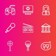 Premium set with outline vector icons. Such as button, music, web, message, electric, radio, people, recruitment, job, employment, cooler, employee, technology, record, background, ventilator, tourism