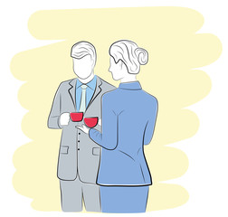 business man and business woman stand with cups of coffee (tea). a business meeting. coffee break. vector illustration.