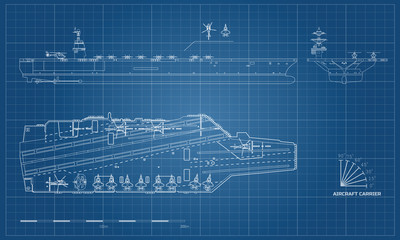 Fototapeta premium Schemat lotniskowca. Statek wojskowy. Widok z góry, z przodu iz boku. Model pancernika. Rysunek przemysłowy. Okręt w stylu konspektu