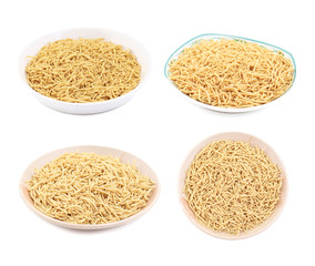 Indian Namkeen Food Collection Aloo Sev also know as namkin and nimco a popular crisp savory snack made from mashed potatoes, chickpea flour and spices. isolated on white background