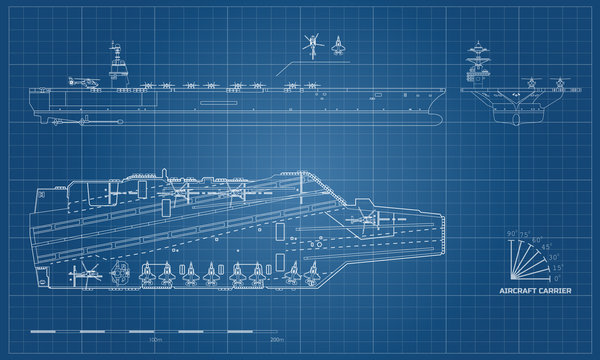 Blueprint of aircraft carrier. Military ship. Top, front and side view. Battleship model. Industrial drawing. Warship in outline style