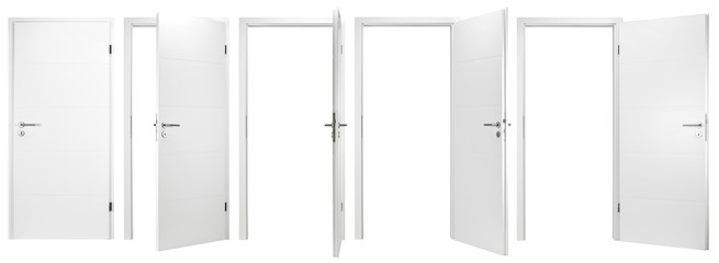 white wooden modern interior door collection set with different open closed situations isolated on white background