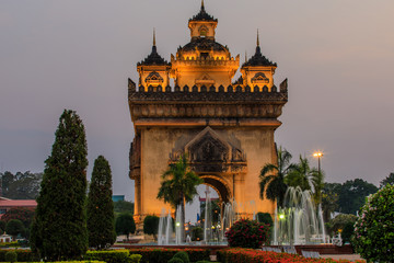 Fototapeta na wymiar Patuxai monument in the evening, landmark of Vientiane, the capital of Laos.