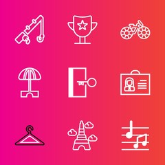 Premium set with outline vector icons. Such as white, reel, woman, note, bicycle, exit, sport, rod, reward, france, trophy, fishing, eiffel, summer, music, tower, fashion, internet, sign, success, win