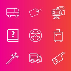Premium set with outline vector icons. Such as magician, road, laboratory, microphone, lens, tag, finger, video, highway, traffic, technology, suitcase, wizard, left, pointing, street, speed, showing