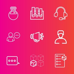 Premium set with outline vector icons. Such as research, relocation, male, medicine, chemical, tooth, laboratory, dental, web, box, speaker, avatar, sign, science, user, cargo, replacement, delivery
