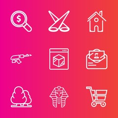 Premium set with outline vector icons. Such as light, technology, internet, ancient, shipping, army, building, nature, egyptian, egypt, military, website, house, sign, environment, delivery, landscape