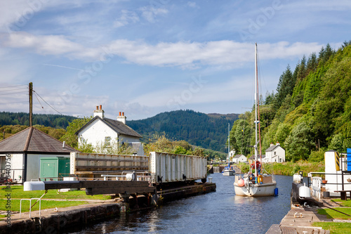 Boat Passes Cairnbaan Swing Bridge And Lock At Crinan Canal