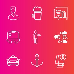 Premium set with outline vector icons. Such as baggage, transportation, human, electricity, light, foam, wheel, beer, user, helm, vehicle, van, taxi, pub, profile, bag, avatar, drink, car, airplane