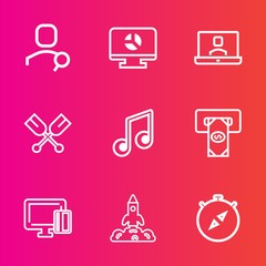 Premium set with outline vector icons. Such as shopping, oar, web, credit, music, card, direction, online, internet, video, machine, bank, payment, canoe, space, shuttle, science, template, finance