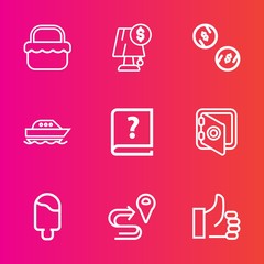 Premium set with outline vector icons. Such as old, basket, dessert, ice, grass, graphic, lunch, boat, safety, sea, currency, hand, lamp, pen, banking, book, cream, park, money, safe, security, meal