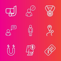 Premium set with outline vector icons. Such as minute, water, pole, snorkel, boy, white, route, concept, person, underwater, man, reward, beach, summer, success, science, electricity, lamp, interior